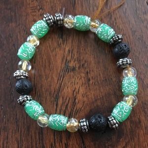 Handmade Lava Bead Essential Oil Bracelet Green Gold Black